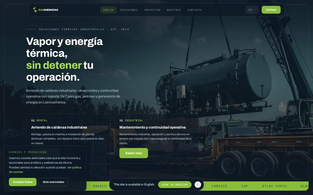 Home page of the SQ Energías website